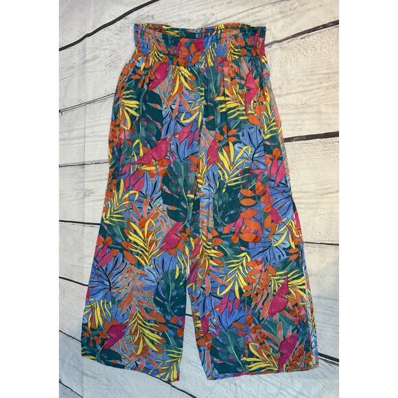 Kona Sol Pants - KONA SOL pink Green Orange Blue Floral Tropical Pullon Wide Leg Coverup Pants M